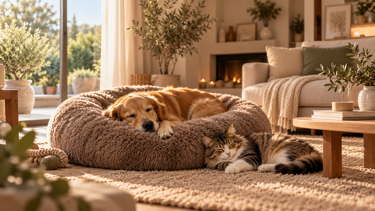 Un golden retriever et un chat tigré endormis dans un salon chaleureux