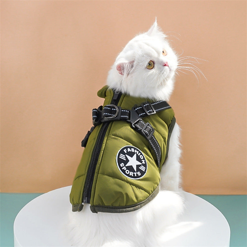 Veste avec anneaux d’attache pour laisse Maison Câline, coloris vert militaire, portée